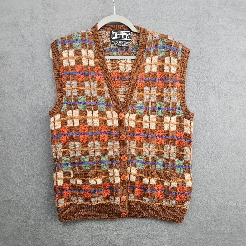 Wool Vest Mens Medium Brown Vintage Plaid Button V-Neck Grandpacore